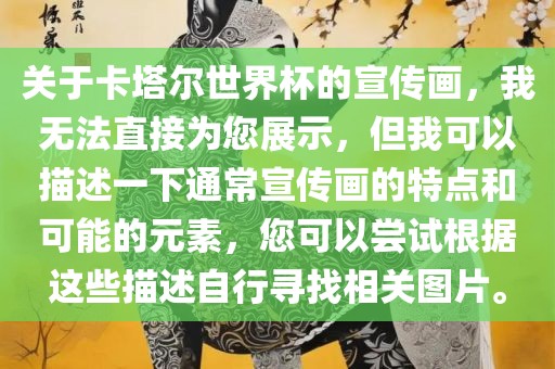关于卡塔尔世界杯的宣传画，我无法直接为您展示，但我可以描述一下通常宣传画的特点和可能的元素，您可以尝试根据这些描述自行寻找相关图片。