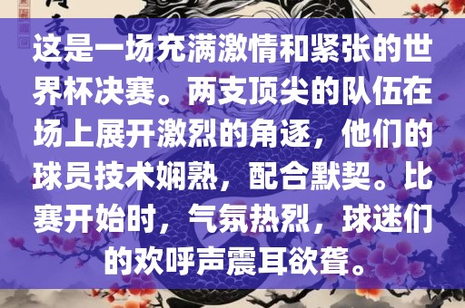 这是一场充满激情和紧张的世界杯决赛。两支顶尖的队伍在场上展开激烈的角逐，他们的球员技术娴熟，配合默契。比赛开始时，气氛热烈，球迷们的欢呼声震耳欲聋。