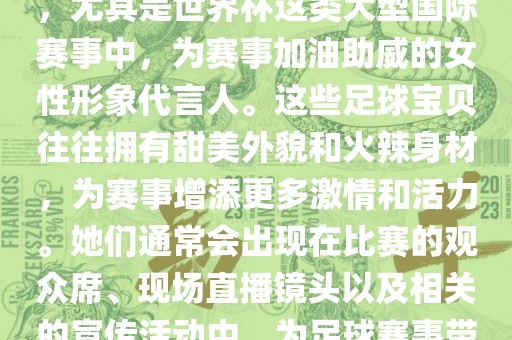 足球宝贝指的是在足球赛事中，尤其是世界杯这类大型国际赛事中，为赛事加油助威的女性形象代言人。这些足球宝贝往往拥有甜美外貌和火辣身材，为赛事增添更多激情和活力。她们通常会出现在比赛的观众席、现场直播镜头以及相关的宣传活动中，为足球赛事带来了更多的关注度和话题性。