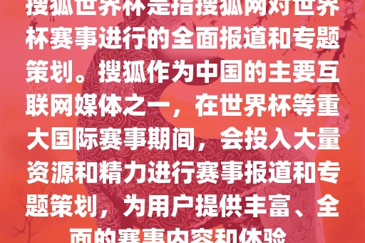 搜狐世界杯是指搜狐网对世界杯赛事进行的全面报道和专题策划。搜狐作为中国的主要互联网媒体之一，在世界杯等重大国际赛事期间，会投入大量资源和精力进行赛事报道和专题策划，为用户提供丰富、全面的赛事内容和体验。