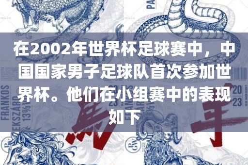 在2002年世界杯足球赛中，中国国家男子足球队首次参加世界杯。他们在小组赛中的表现如下广西贺州市华昌新材料有限公司