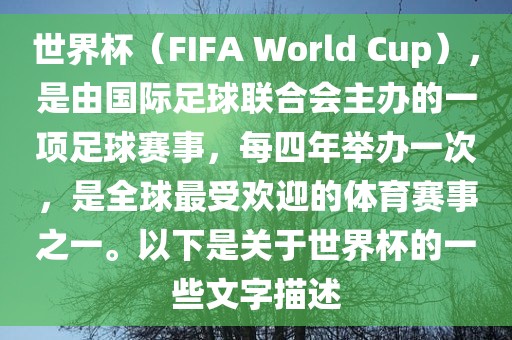 世界杯（FIFA World Cup），是由国际足球联合会主办的一项足球赛事，每四年举办一次，是全球最受欢迎的体育赛事之一。以下是关于世界杯的一些文字描述