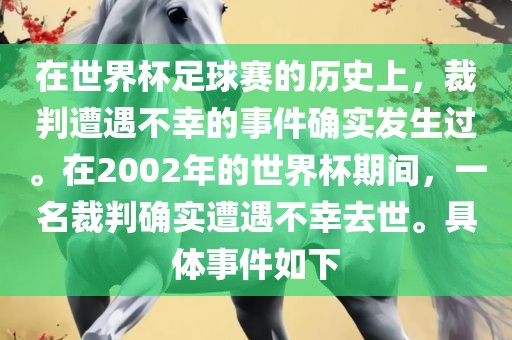在世界杯足球赛的历史上，裁判遭遇不幸的事件确实发生过。在2002年的世界杯期间，一名裁判确实遭遇不幸去广西贺州市华昌新材料有限公司世。具体事件如下