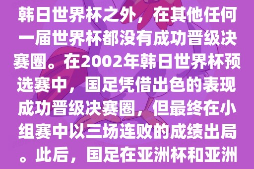 中国国家男子足球队在世界杯的表现并不出色。除了2002年韩日世界杯之外，在其他任何一届世界杯都没有成功晋级决赛圈。在2002年韩日世界杯预选赛中，国足凭借出色的表现成功晋级决赛圈，但最终在小组赛中以三场连败的成绩出局。此后，国足在亚洲杯和亚洲预选赛中的表现一直起伏不定，未能再次打进世界杯。